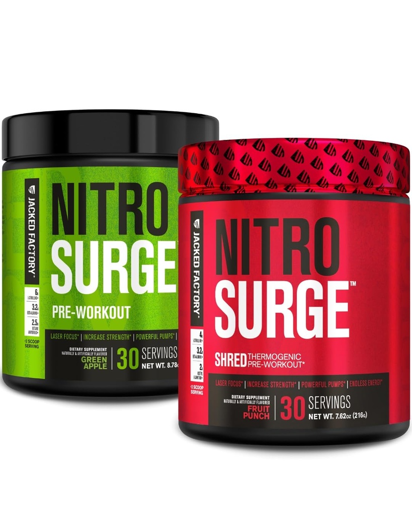 Jacked Factory Nitrosurge Pre-workout in Green Apple & Fruit Punch Nitrosurge Shred Thermogenic Pre-workout voor mannen & vrouwen