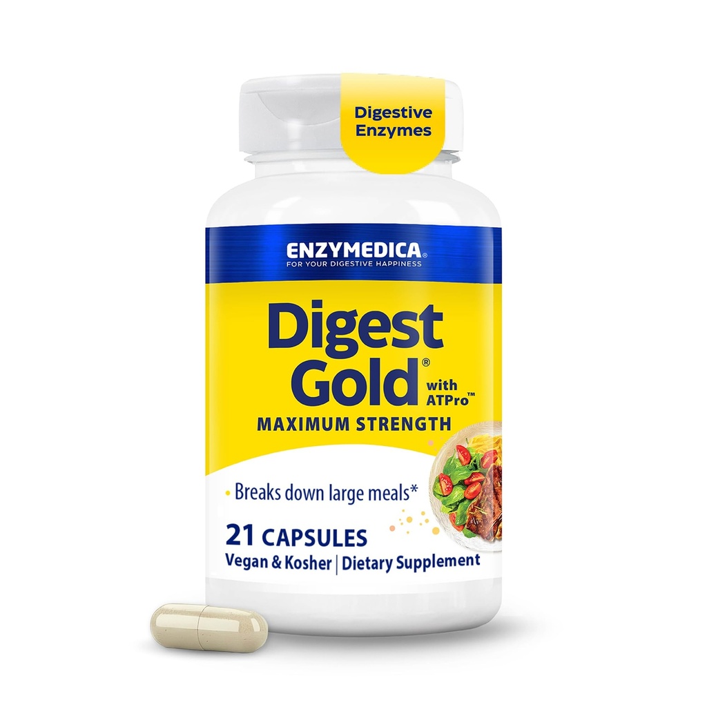 Enzymedica Digest Gold + ATPro, maximale sterkte Enzyme Formula, voorkomt opgeblazen gevoel en gas, 14 belangrijke enzymen inclusief amylose, Protease, Lipase en Lactase, 21 capsules (FFP)