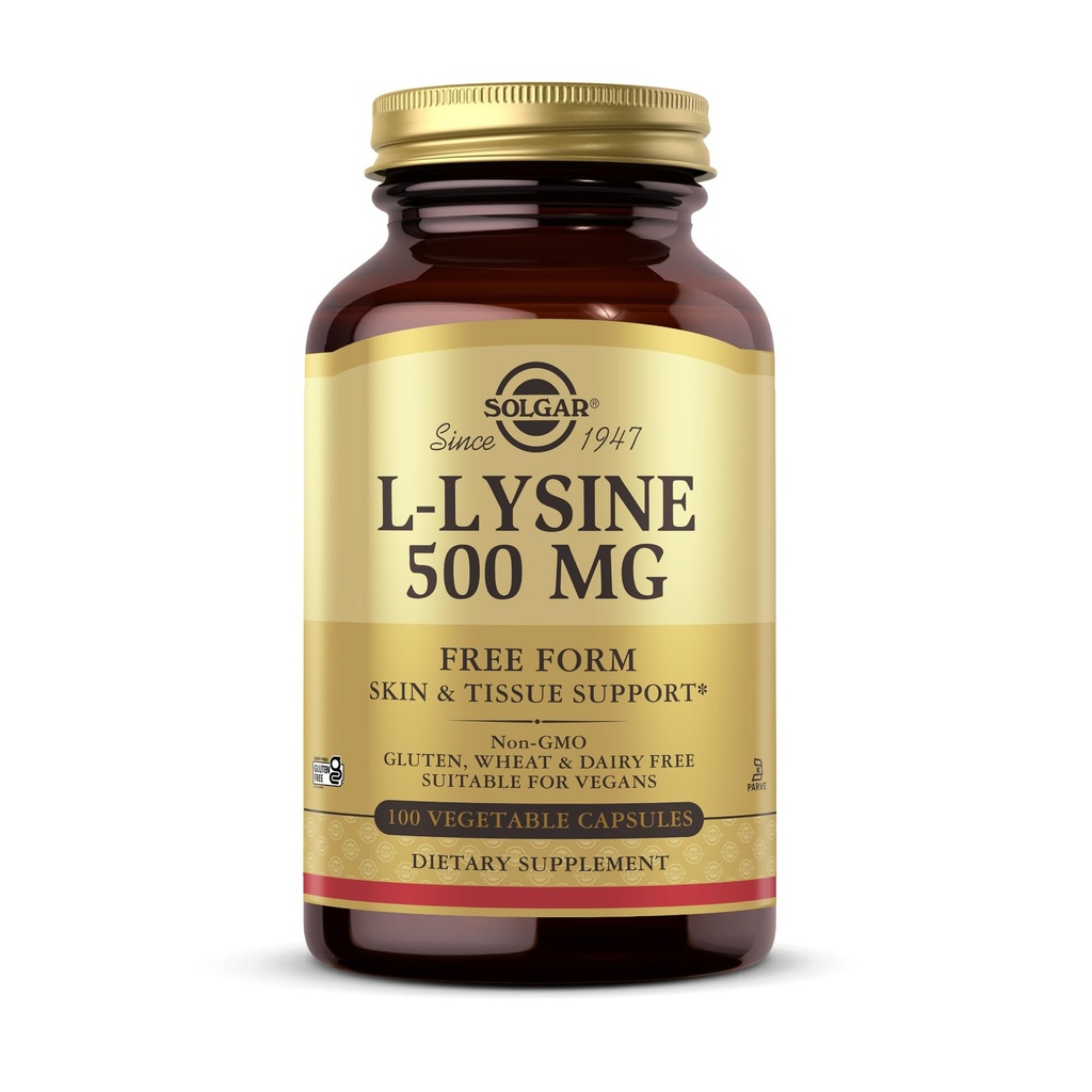 Solgar L-Lysine 500 mg - 100 plantaardige capsules - Huid- en weefselondersteuning - Non-GMO, Vegan, Kosher, Glutenvrij - 100 porties