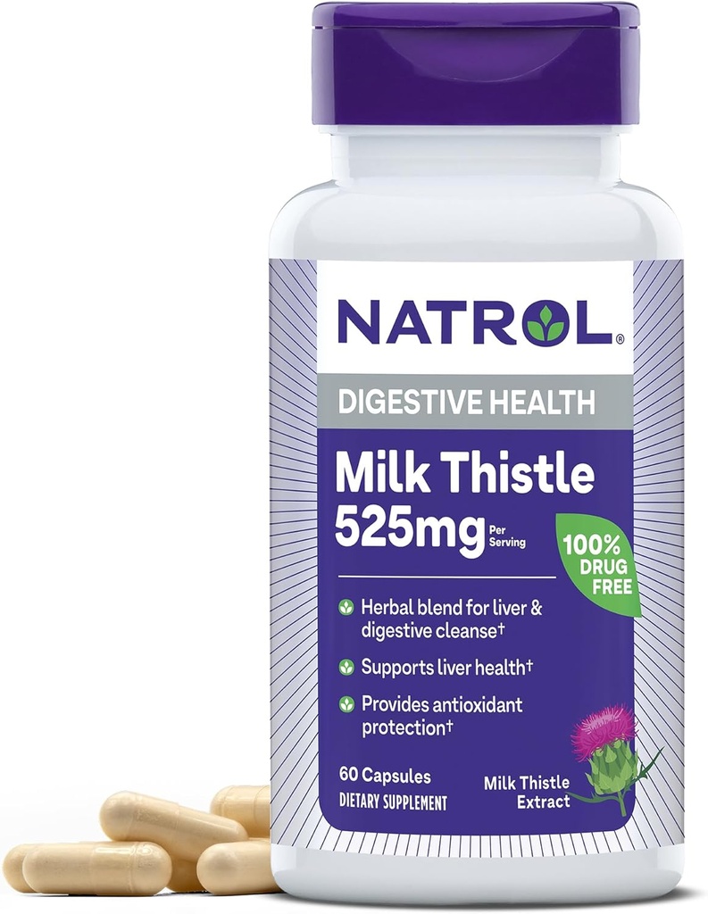 Natrol Milk Thistle 525 mg per Serving, Dietary Supplement for Digestive Health, Milk Thistle Supplement, 60 Capsules, 30 Day Supply