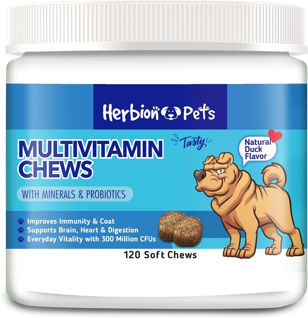 Kruiden Dieren Multivitamine Kauwt met mineralen & Probiotica, Verbetert Immuniteit & Coat, Ondersteunt Digestie, Hersenen & Hart Gezondheid, Heerlijke Natuurlijke Eenden Smaak, Hondensupplementen & Vitaminen, Pack van 1
