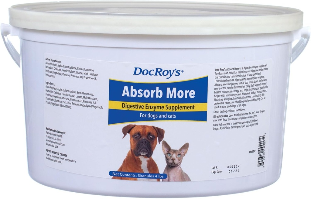 Doc Roy's Absorb More - Digestief Enzyme Supplement- voor honden en katten - 4lb Granulaat