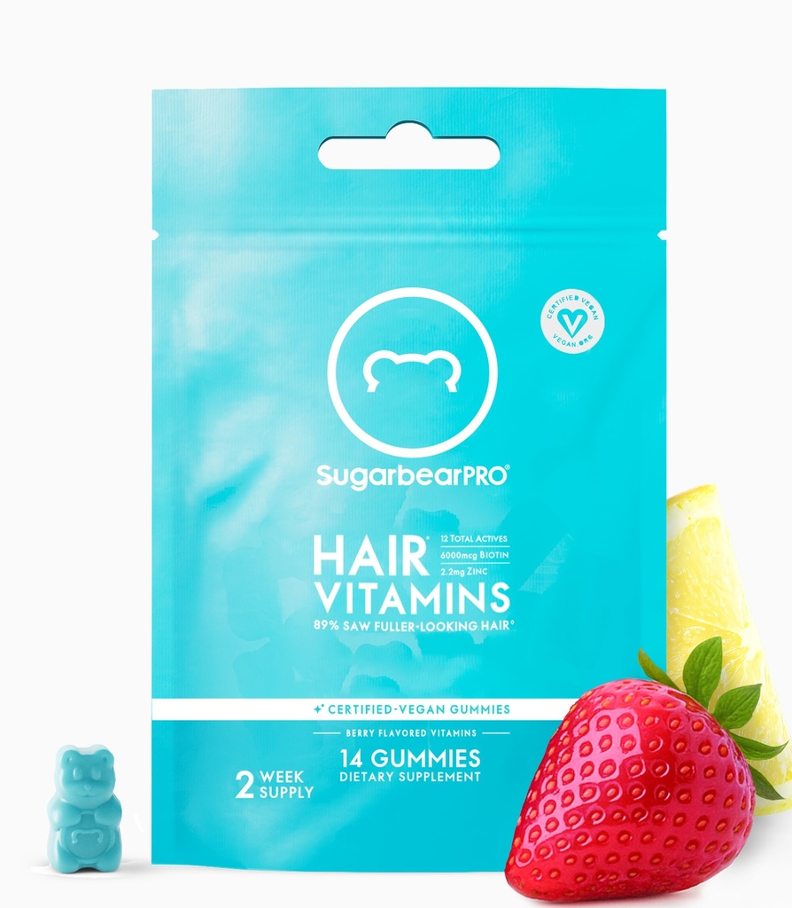 SugarBearPro Hair Vitamin Gummy 14 Day Supply Extra Strength Biotin 6000mcg, Growth for Men & Women, Vegan Vitamin B12, MSM, Inositol, Omega 3, Elderberry, Certified Kosher, Halal, Cruelty-Free