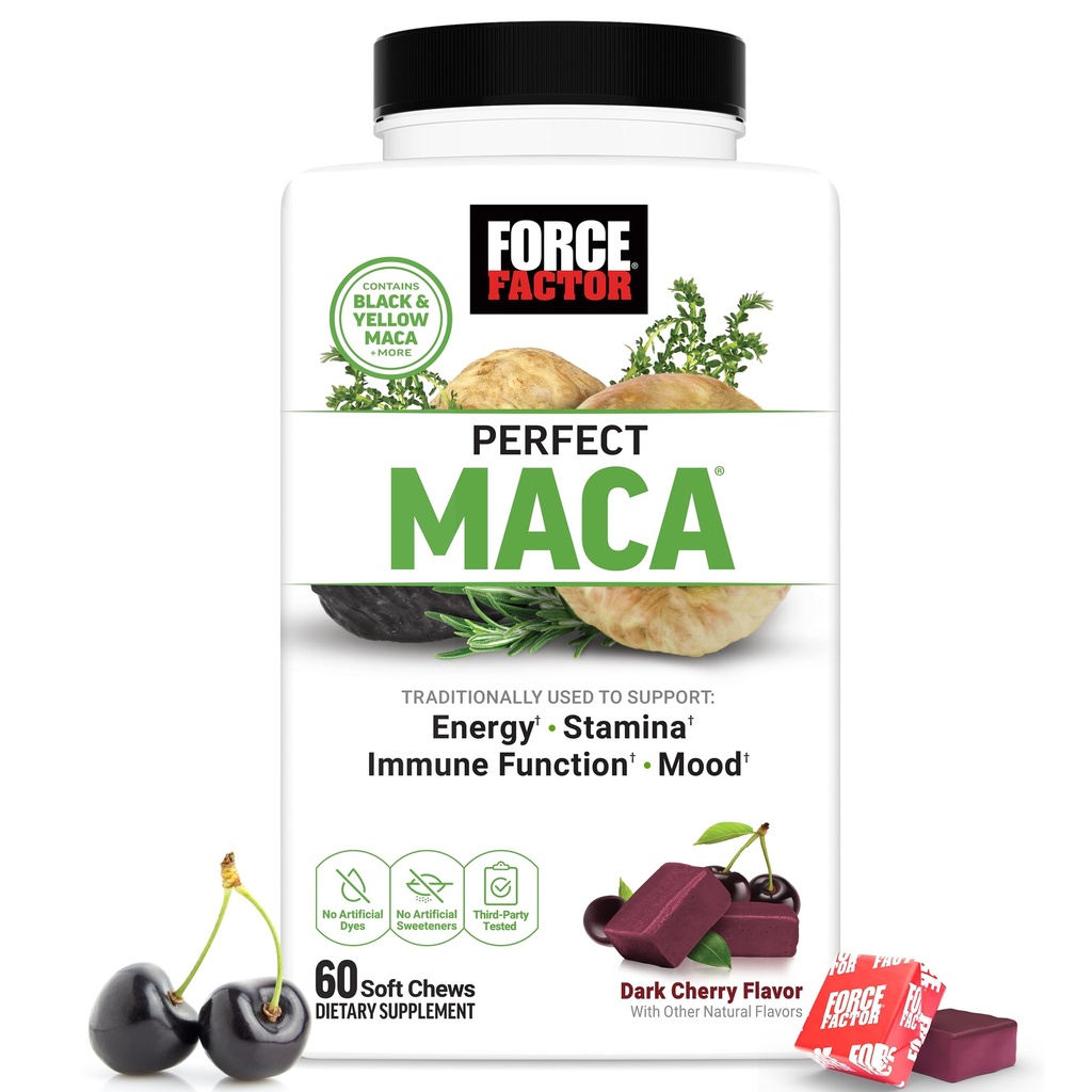 FORCE FACTOR Perfect Maca, Maca Root en DIM Supplement met Saffraan om energie en Mood te verhogen, met gele en zwarte Maca, vitamines, mineralen, en antioxidanten, Dark Cherry smaak, 60 Zachte Kauwen