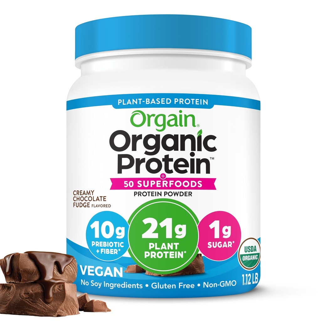 Orgain Organic Vegan Protein + 50 Superfoods Poeder, Romige Chocolade Fudge - 21g Plant Based Proteïne, 10g Prebiotic Fiber, Geen Lactose Ingrediënten, Glutenvrij, Geen Toegevoegde Suiker, Niet-GMO, 1.12 lb