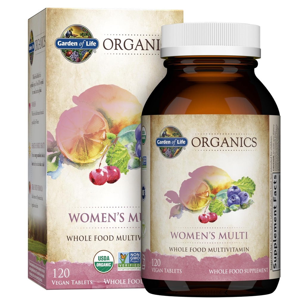 Garden of Life Organics Multivitamine voor vrouwen, Womens Multi met vitamine C, D, Folate, B6, B12, Biotin, Iron, Vegan Whole Food Vitaminen voor vrouwen, energie, huid, nagels, 120 tabletten