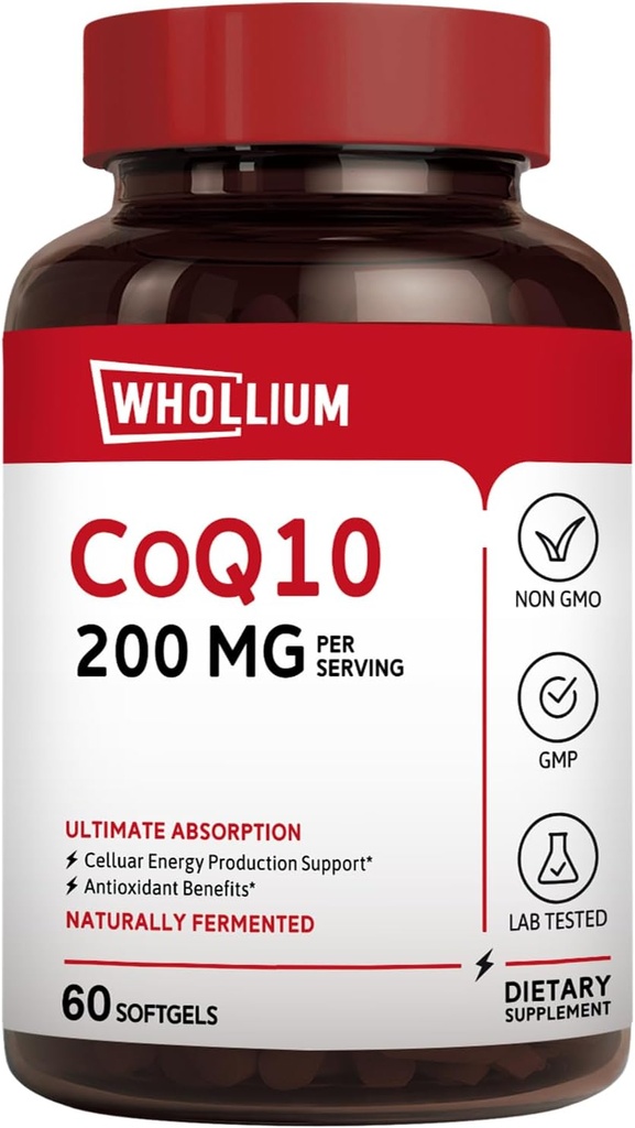 CoQ10 200mg per portie, Extra Virgin Olijfolie, Ultra Absorptie, Natuurlijk gefermenteerd, Coenzym Q10 Supplement, Energieproductie, Gezond Hart, Anti-Aging, 60 Softgels