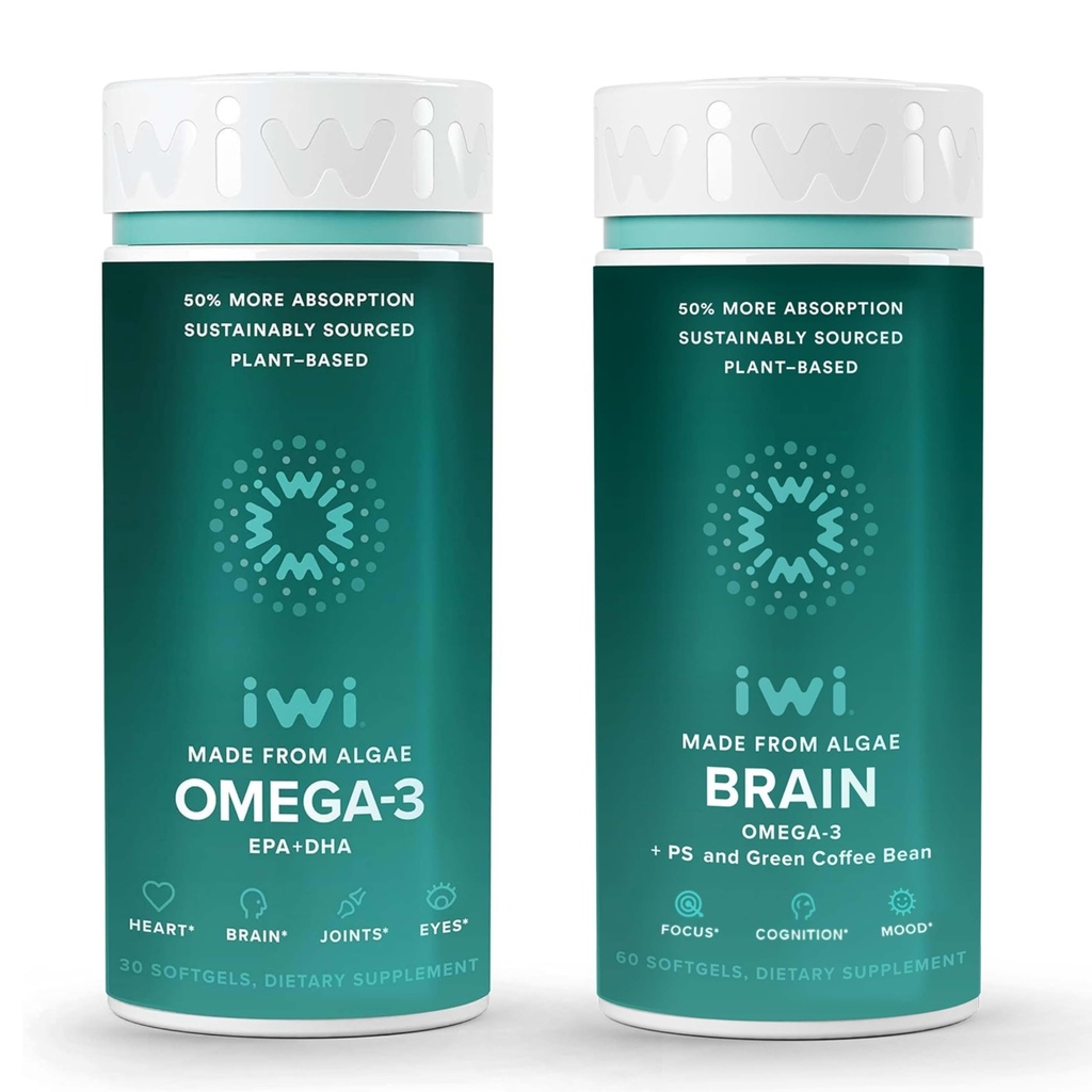 Iwi Omega-3 & Brain Omega-3 Bundle, 30 Servings, Vegan Plant Based Algen Omega 3 met EPA + DHA, Krill & Fish Oil Alternative, No Fishy Aftersmaak