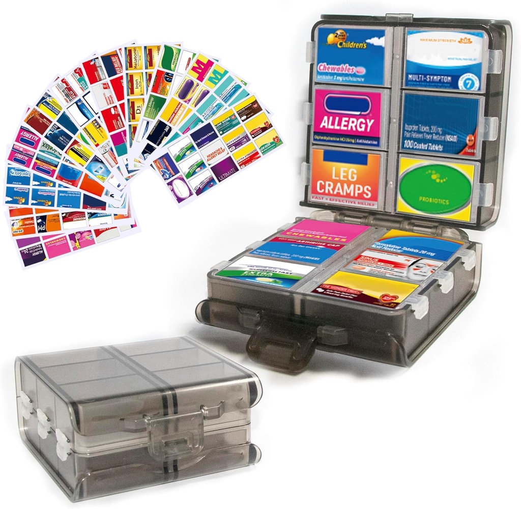 Grote pil Organisator met Medicine Labels, Pill Dispenser 12-Compartiment Travel Medication Storage Case, 7 dagen pil Box voor vitamines & supplementen (Grey, 161 etiketten)
