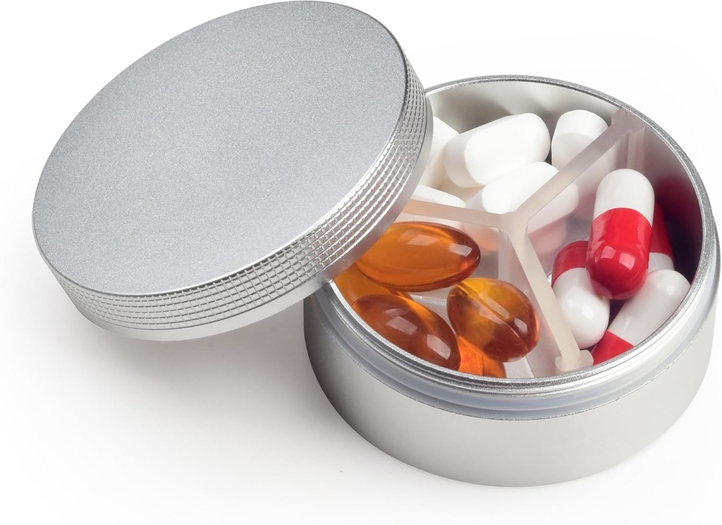 Kleine pil Case 3 Compartments, metalen ronde draagbare pil Box, waterdichte reis pil Organizer, Pocket Purse Medicine Vitamine houder EDC Container (Zilver)