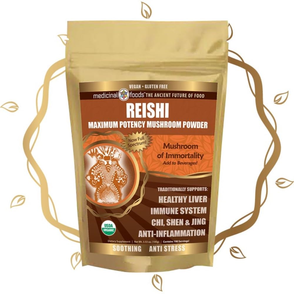 Medicinal Foods Reishi Mushroom Powder - Hoogste Potentie, Vol-Spectrum, Verzachten, Anti-Stress, Voor Smoothies & Thee, Biologische, Veganistisch, Niet-GGO, Glutenvrij (100 porties)