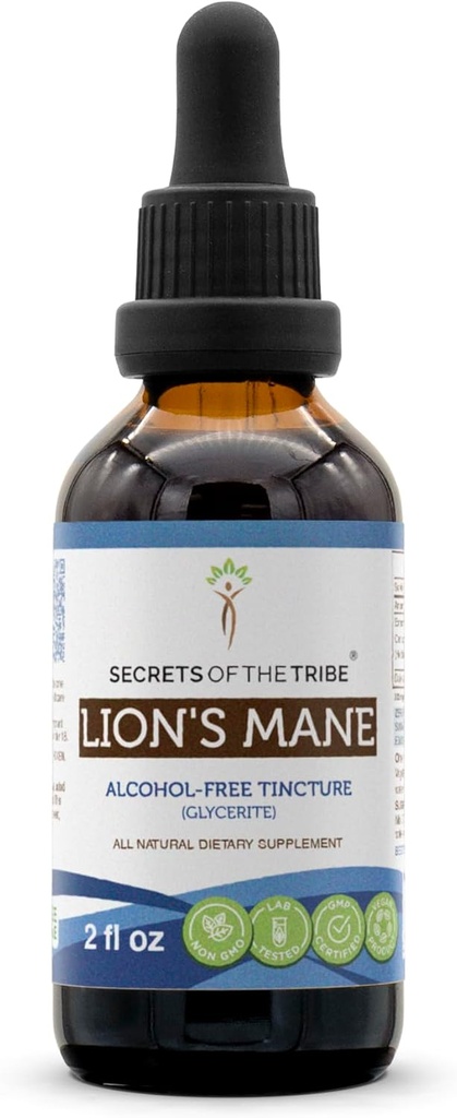 Secrets of the Tribe Lion's Mane Alcoholvrije Tinctuur Extract, Lion's Mane (Hericium erinaceus) Gedroogde Mushroom Tinctuur Supplement (2 fl oz)