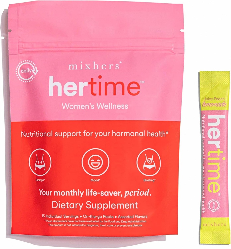 MIXHERS Hertime PMS - Ondersteunt Hormonale Gezondheid voor vrouwen - Ondersteunt een gezonde menstruele cyclus - met mineralen, Peony Roots, Siberische Ginseng - Sugar-Free - 15 Drink Packets - Peach Lemonade