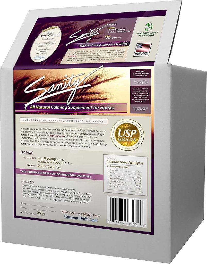 Sanity - Equine Behavioral Calming Focus Supplement voor paarden - Magnesium, Calcium, Zink, B Vitaminen, Aminozuren, Probiotica, Thiamine, Foliumzuur, Niacin, Pepermunt & Meer
