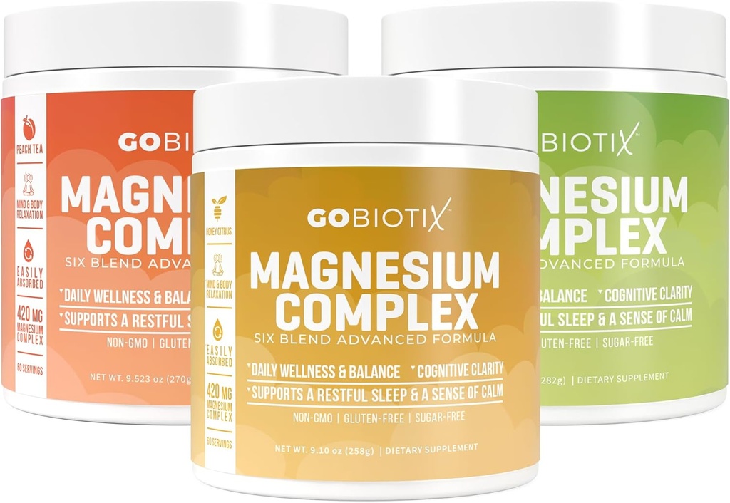 GoBiotix Magnesium Complex Powder Trio - 420mg, 60 Servers - Honey Citrus, Citroen Lime, Peach Tea