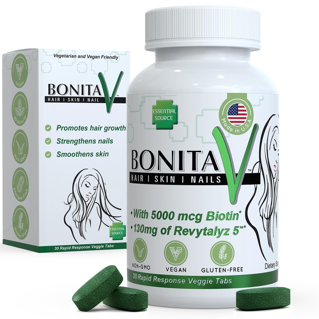 Essentiële Bron Biotine (Biotina Vitaminas) - Hair Skin Nails Vitaminen voor vrouwen & Mannen - 5000 mcg - Hair Growth Support Supplementen - 30 Tablets - met Revyt analyse 5, Vitamine A, C, B12 - Made in USA
