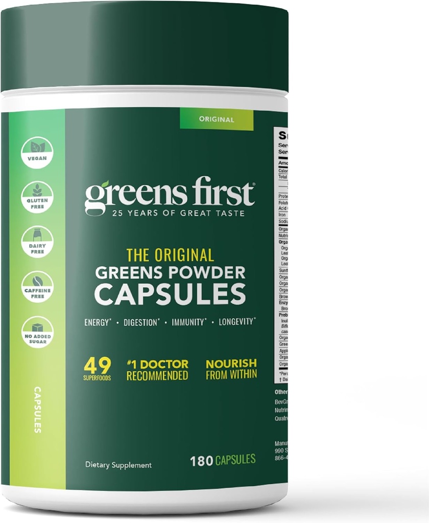 Greens First PRO Phytonutrient Capsules - 30 Servings - 54 Antioxidant Superfoods, Organic Fruits & Vegetables - Prebiotics, Probiotics & Digestive Enzymes - Dairy & Wheat-Free, Non-GMO - 180 Capsules