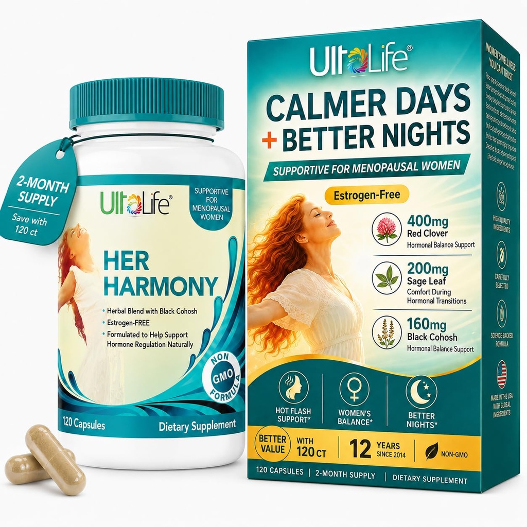 UltaLife Haar Harmony Menopauze Supplementen voor vrouwen - Hot Flashes Menopauze Relief & Hormone Balance voor vrouwen - Bevat Black Cohosh, Dong Quai, Red Clover & More - Estrogen Free - 120 Capsules