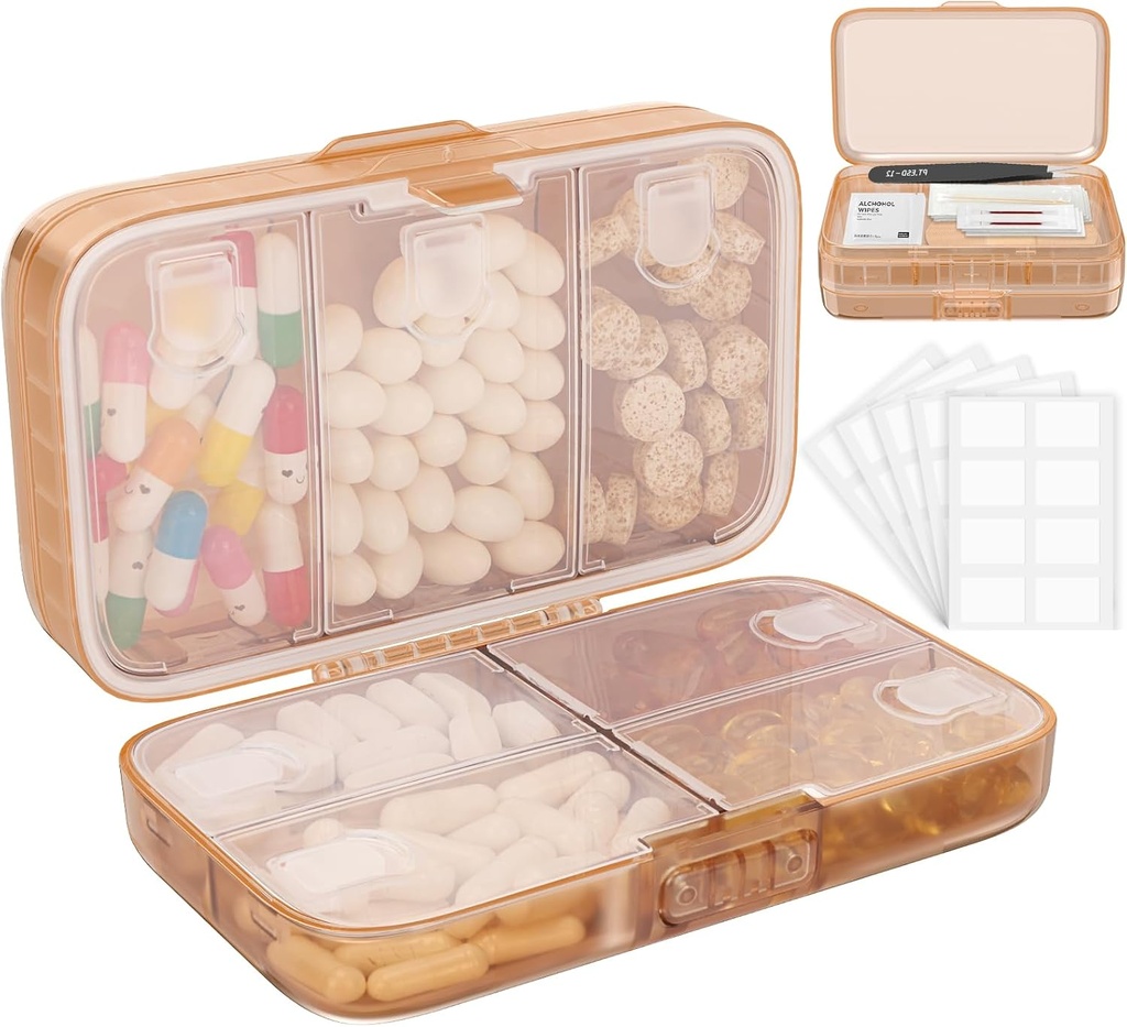 FYYY Weekly pil Organizer met labels,8 Compartments Travel Daily Pill Case Luchtdichte vochtdichte grote pil Box te houden vitamines, visolie, supplementen, Cotton Swab en Bandages-Brown
