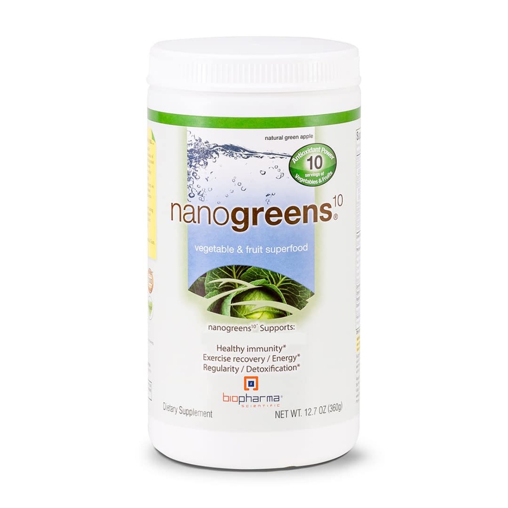 Biopharma Scientific NanoGroenen: Groenen Superfood Fruit & groentepoeder voor de spijsvertering gezondheid & Immuniteit met Spirulina, Chlorella, Kale, spinazie, Plant Based, Green Apple Flavor, 30 porties