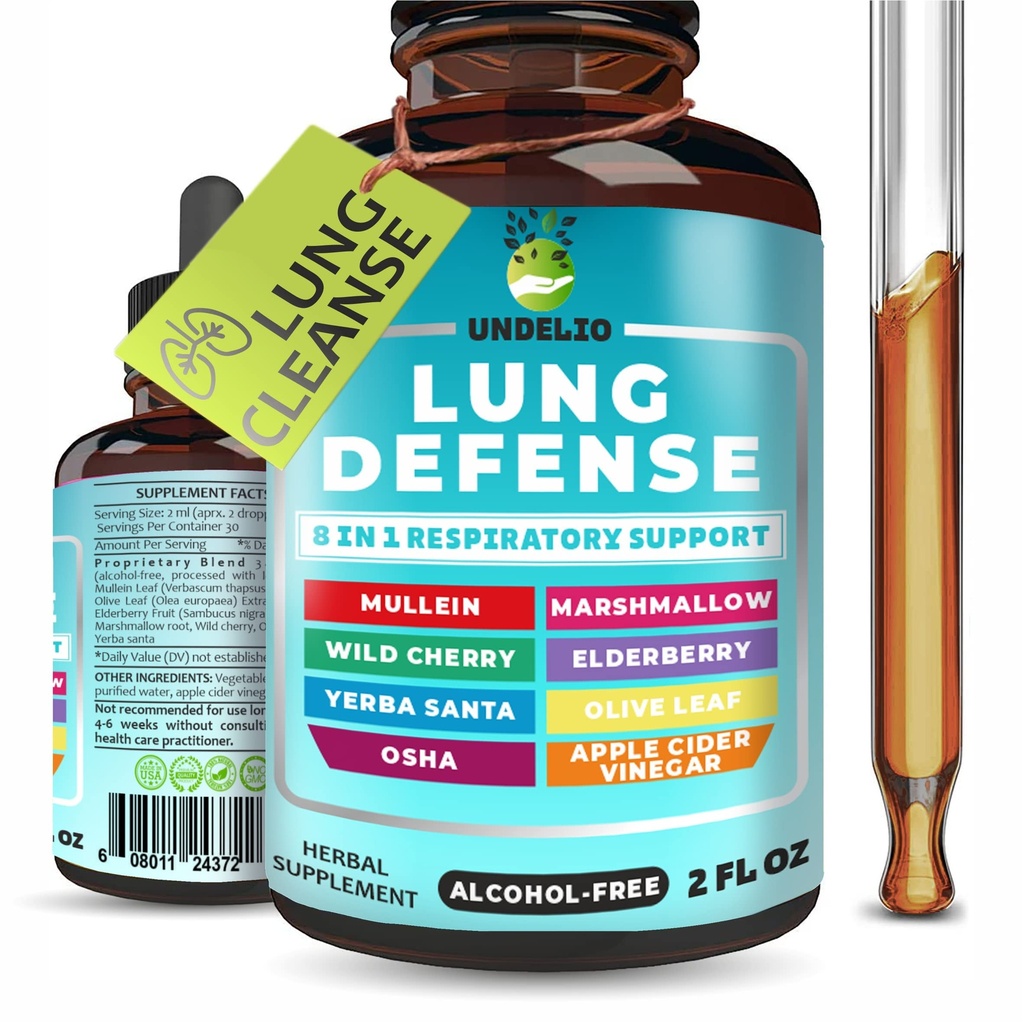 8 in 1 Lung Defense Herbal Extract, Blend (Mullein-Marshmallow-OSHA-Wild Cherry-Elderbes-Yerba Santa-Olive Leaf-ACV) Lung Cleanse, Respiratory & Immuun System Support. Vloeibaar supplement 2 OZ