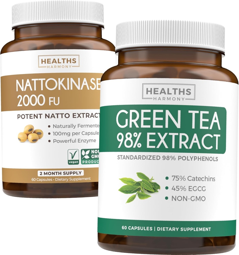 Nattokinase & Green Tea (1-maandvoorraad) Energy Boost Bundle - Nattokinase 2000 FU Krachtige natuurlijke gefermenteerde soja (60 capsules) & Green Tea Extract 98% met EGCG (Non-GMO) Natuurlijke Metabolisme Boost