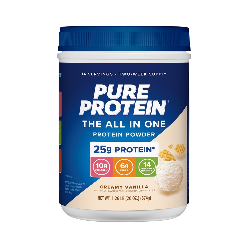 Pure Protein All-In-One Powder, Vanille - Wei & Collageen, Hoge Vezel, Vitaminen, Geen Toegevoegde Suiker, Niet-GMO, Glutenvrij, 1.25lb