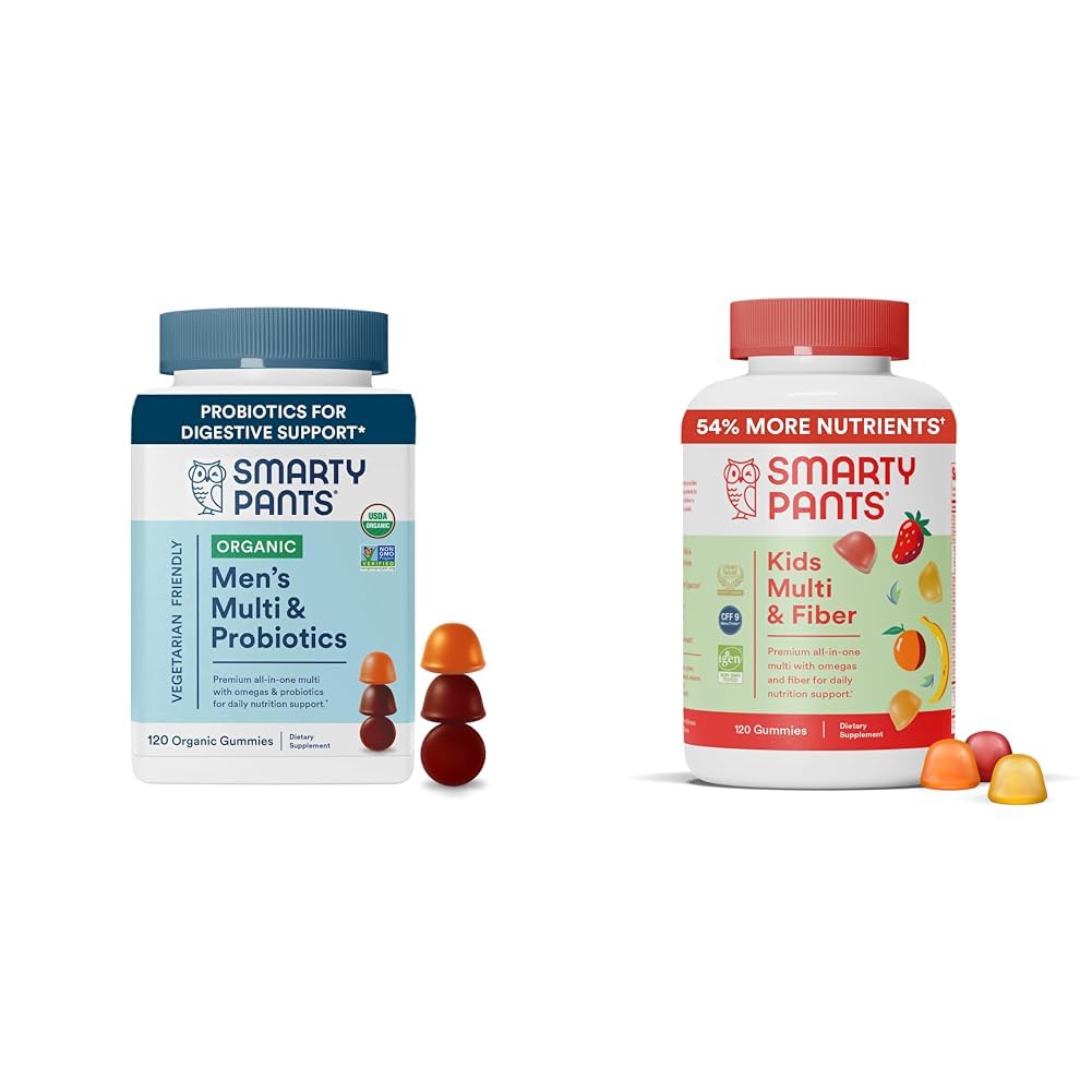 SmartyBants Mannen Multivitamine Gummies Bundel met kinderen Multivitamine Gummies en vezel Supplement, 120 Tellen Elk