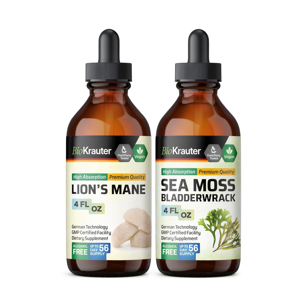 BIO KRAUTER Lion's Mane Tinctuur 4 Fl. Oz. & Sea Moss Tinctuur 4 Fl. Oz.