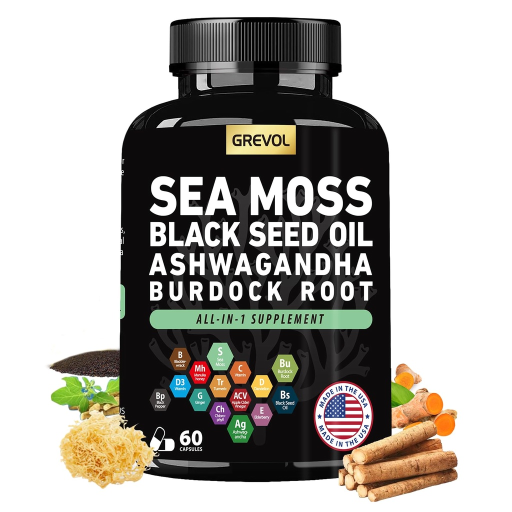 Sea Moss Black Seed Oil Ashwagandha Bladderwrak Burdock Root Turmeric & Vitamin C D3 Vlierbes ACV Black Pepper - Multimineral Supplement - 60 Tel.