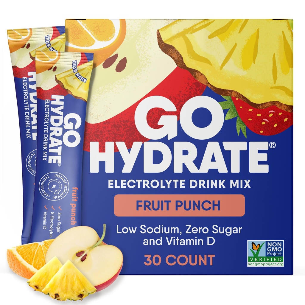 GoHydrate Instant Hydration Powder Packets - Lage natriumelektrolyten Drinkmix - Natuurlijke Hydratatie Ondersteuning, Suikervrije Electrolyte Flavored Powder Drink met Vitamine D, 30 Packs, Fruit Punch