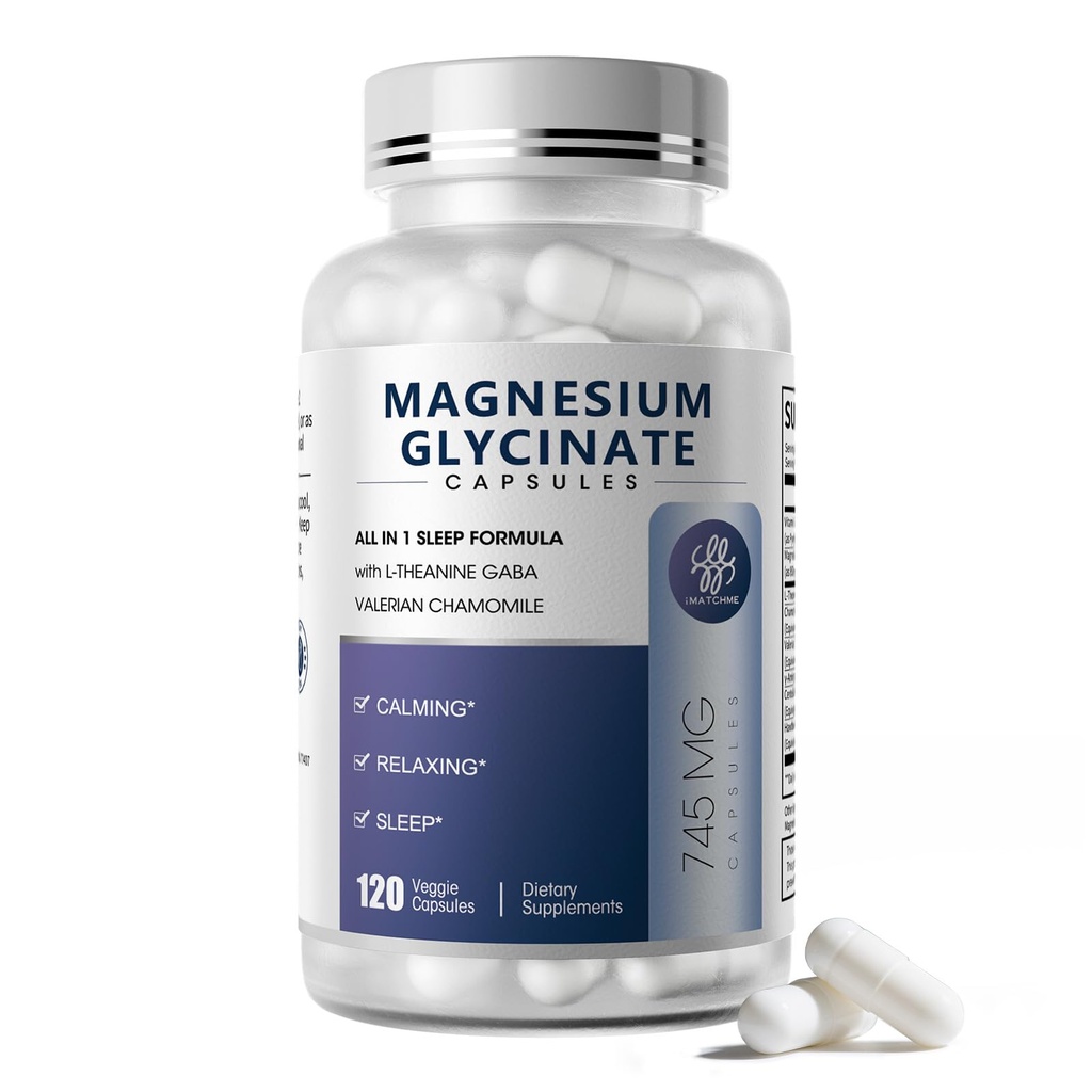 Magnesium Glycinate 850 mg Capsules met L-Theanine, kamille & GABA voor slaap, kalmte, spier, botgezondheid en immuunondersteuning, Magnesium voor vrouwen en mannen, Veganistan, hoge-absorptie, 120 telling