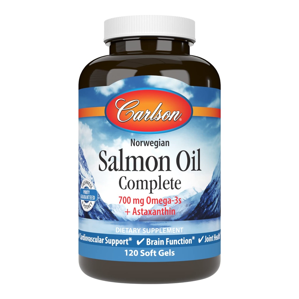 Carlson - Zalmolie compleet, 700 mg Omega-3s + Astaxanthine, Cardiovasculaire ondersteuning, Hersenfunctie & Joint Health, 120 zachte gels
