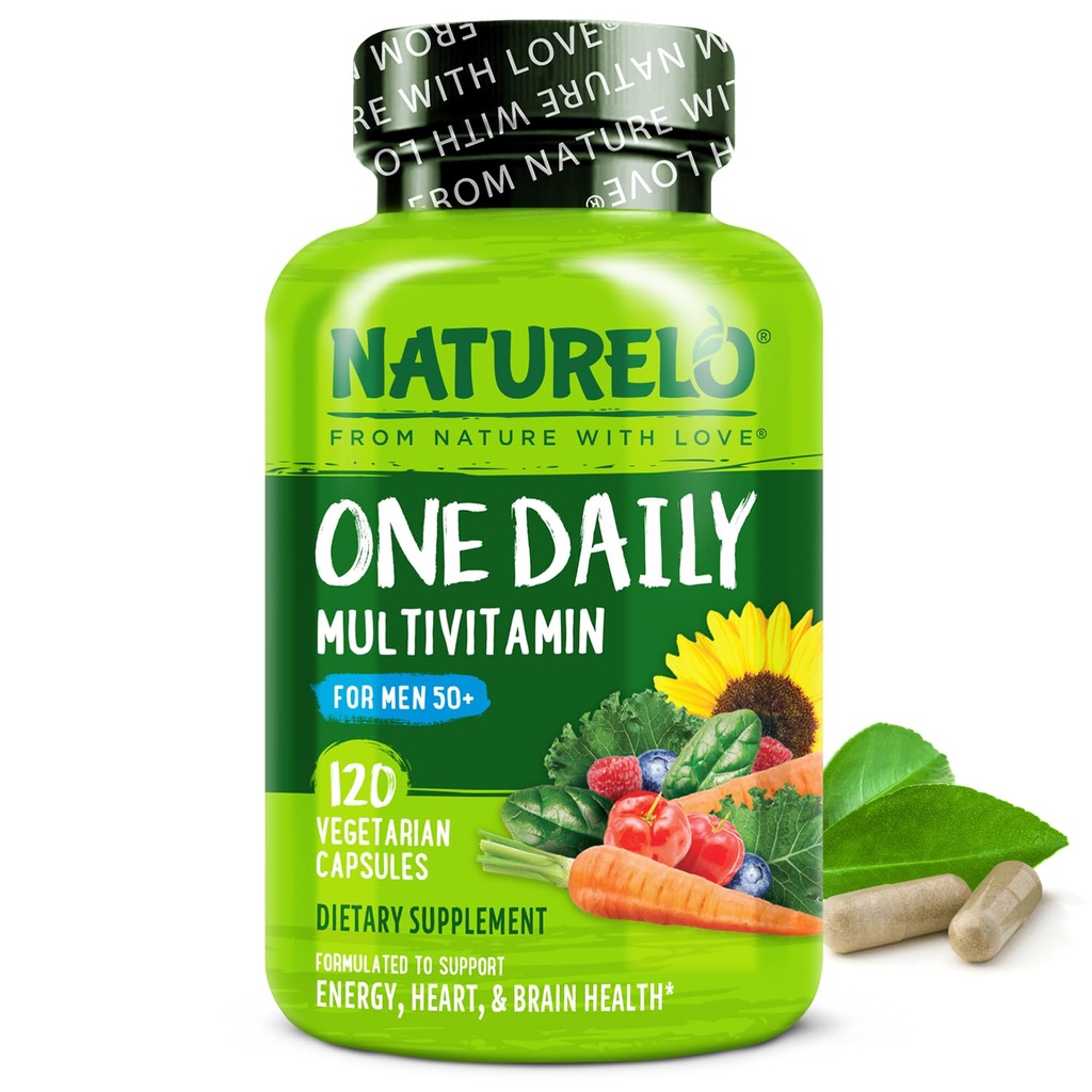 NATURELO Heren Multivitaminen voor mannen 50+ - Een Dagelijkse Multivitamine voor mannen met vitamines, mineralen & Organic Whole Foods, Boost Energy & Health, Non-GMO, 120 Vegetarische Capsules
