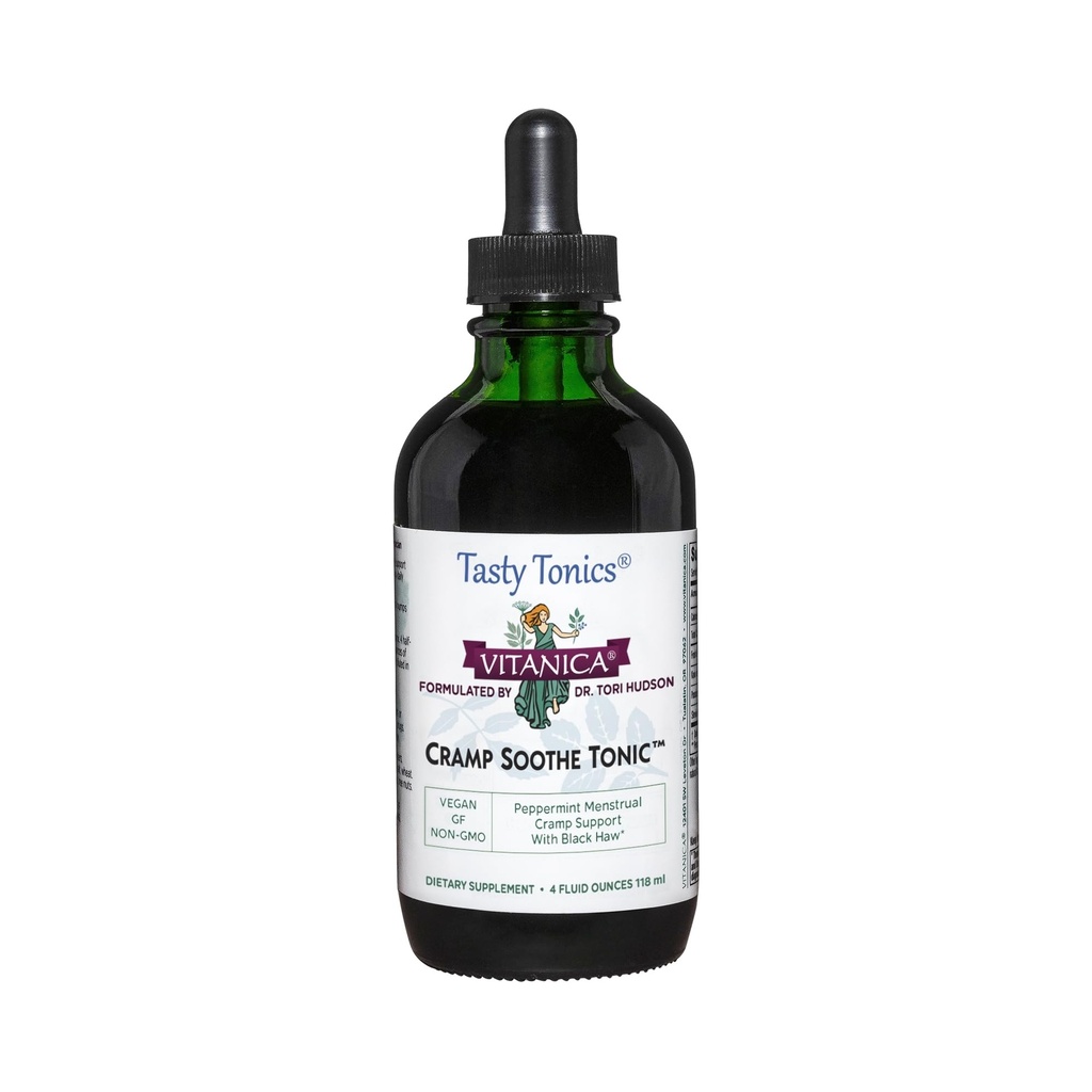 Vitanica Cramp Soothe Tonic, Dr. Formulated Menstrual Cramp Support, met Black Haw Bark, Valerian Root, Ginger Root, en Garrya Herb, Alcoholvrij, Veganist, 4 Ounce