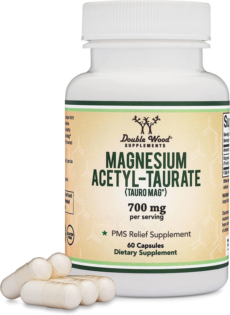 Magnesiumacetaat-Tauraat (ATA MG, TauroMag) Nieuwe en gepatenteerde vorm van magnesium voor PMS en Cramp Relief (60 Capsules, 350mg) PMS Relief Magnesium Supplement by Double Wood Supplements