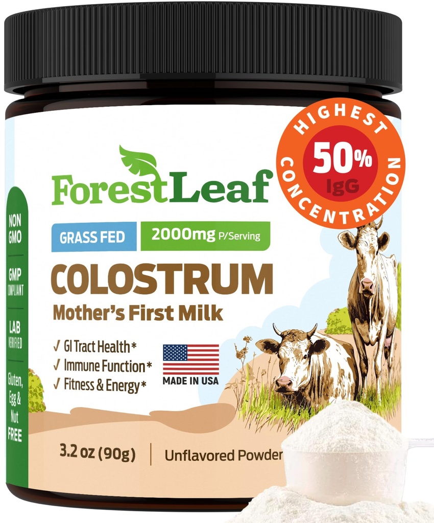 ForestLeaf Colostrum Powder 50% IgG Hoogste Zuivere Concentratie, Grass Fed Colostrum Supplement voor Gut Health, Immuun Ondersteuning en Muscle Herstel, Bovine Colostrum voor mensen, Unflavored, 45 Servers