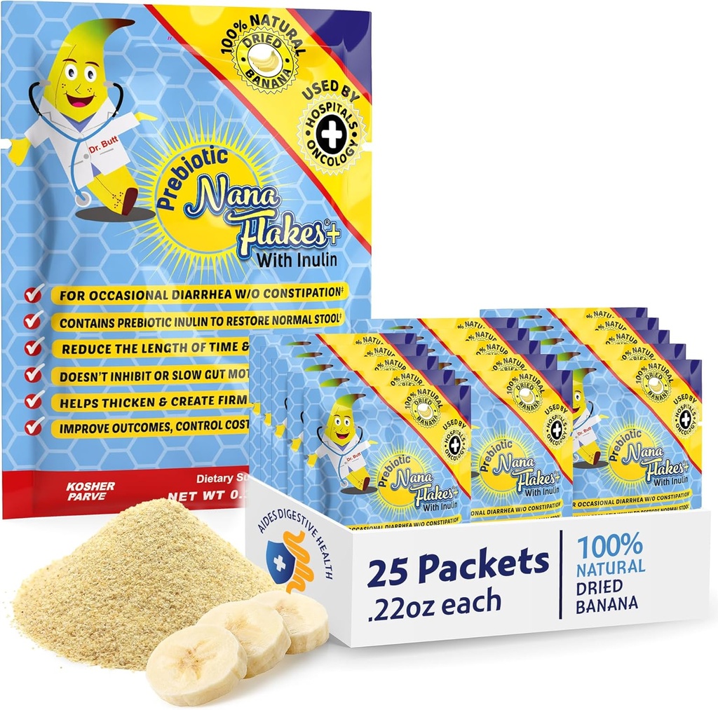 Voedingsdesigns, Prebiotische Nanavlokken met Inuline, 100% Pure Bananavlokken, Hoge Proteïne & Prebiotische Vezel, Digestieve Wellness, voor Volwassenen & Kinderen 4+ (25 Single-Serve Packs)