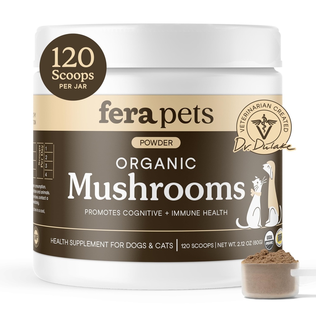 Fera Huisdier paddo supplement voor honden en katten met Turkije staart - USDA Organic - Cognitive and Immune Support - Verbetert de leverfunctie - Ondersteunt een gezonde darm - poeder - 120 scoops