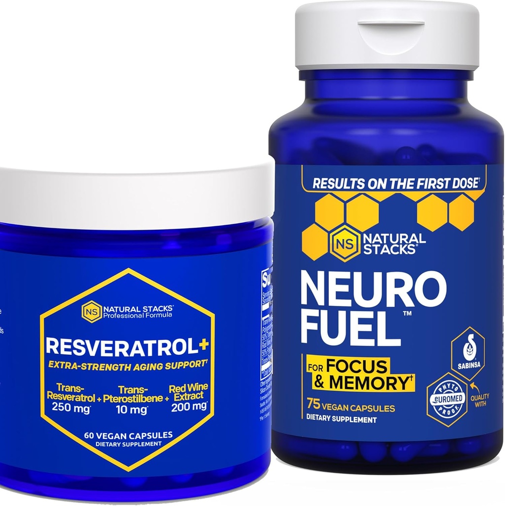 NATUURLIJKE STAKKEN NeuroFuel & Resveratrol+ Supplement bundel - Ondersteunt focus, geheugen en gezonde hersenen Veroudering* - 135 capsules