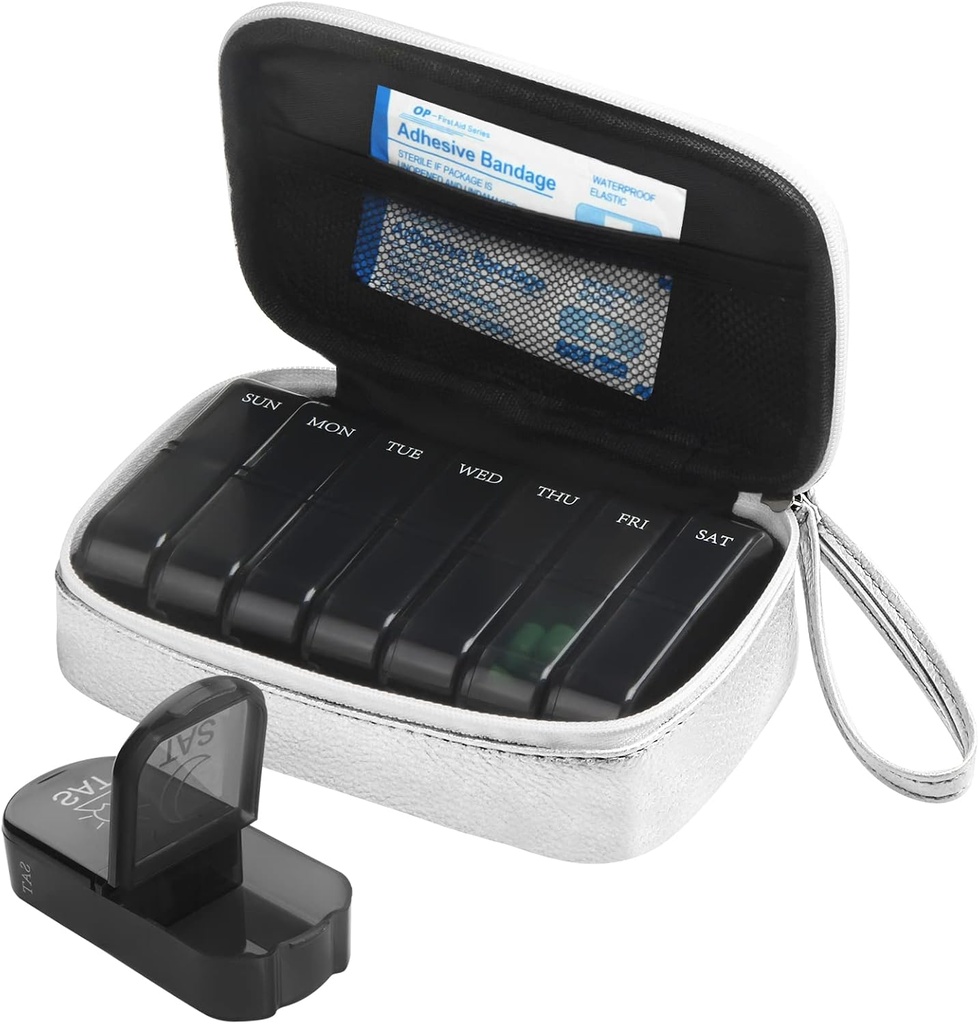 Weekly PU lederen pil Bag Organizer Case 2 keer per dag, AM Daily Pill Box te houden vitamine, visolie, supplementen en geneeskunde (Zilver)