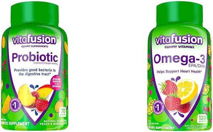 Vitafusion Probiotic Gummy Supplements, Raspberry, Peach and Mango Flavors & Omega-3 Gummy Vitamins, Berry Lemonade Flavored, Heart Health Vitamins(1) with Omega