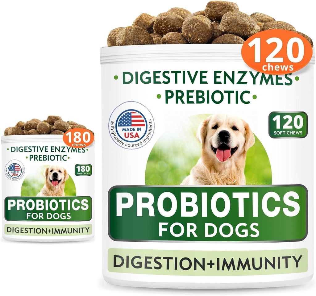 Hondenprobiotica Kauwt Bundel - Gas, diarree, Allergie, Constipatie, Stillende Maag Relief, met Digestieve Enzymen + Prebiotica - Kauwbare Fiber Supplement - Verbeteren spijsvertering, Immuniteit - 300 Zachte Kauwen