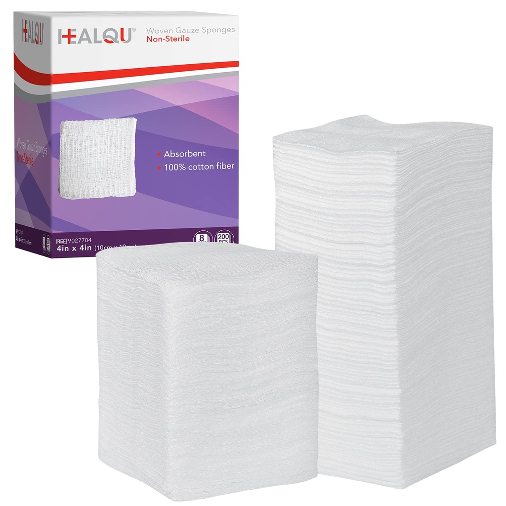 HEALQU 4x4 Gauze Pads - 12 Ply Woven Pack van 200 - Ultra Absorberende Zachte Niet Steriele Chirurgische Sponges voor Wond Dressing, Debridement, Reiniging en Prepping