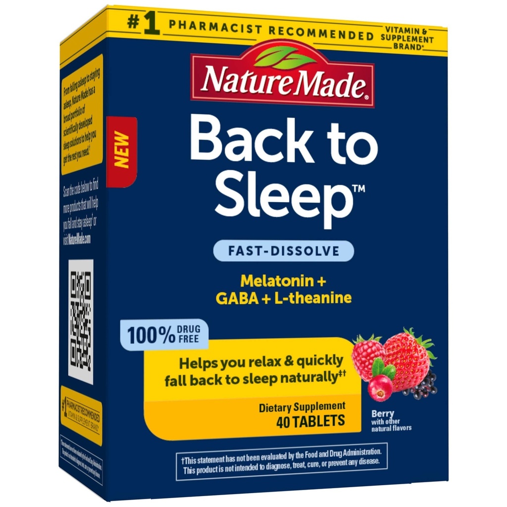 Nature Made Back to Sleep, Melatonine Fast-Dissolve, Helpt je terug te vallen om te slapen natuurlijk, L-Theanine en GABA om te helpen ontspannen en te kalmeren uw geest, 40 tabletten
