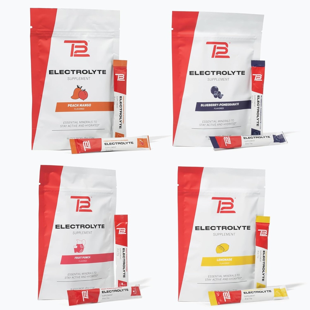 TB12 Electrolyte Powder for Fast Hydration by Tom Brady, 4-pack stickpacks (Libonade, Blueberry Granaatappel, Fruit Punch & Peach Mango), Natural, Easy to Mix. Lage suiker, lage calorie (60 porties)