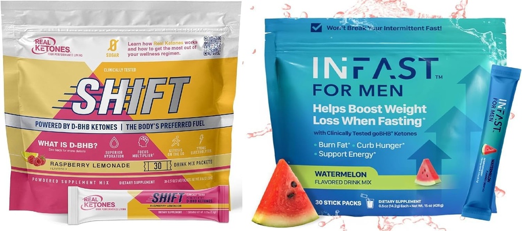 Real Ketones Intermitterende vasten Drinkmix bundel voor gewichtsverlies ondersteuning Raspberry Citroen Shift Elektrolyten & Intermitterende vasten Elektrolyten voor mannen met BHB Exogene Ketonen (30 Tellen Elk)