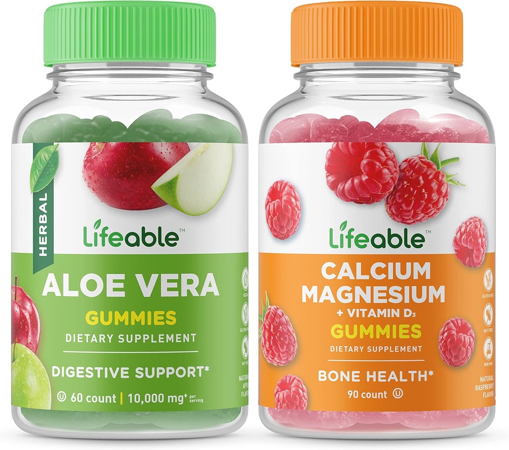 Levensvatbare Aloë Vera + Calcium Magnesium, Gummies Bundle - Grote Proeverij, Vitamine Supplement, Glutenvrij, GGO Vrij, Kauwbaar