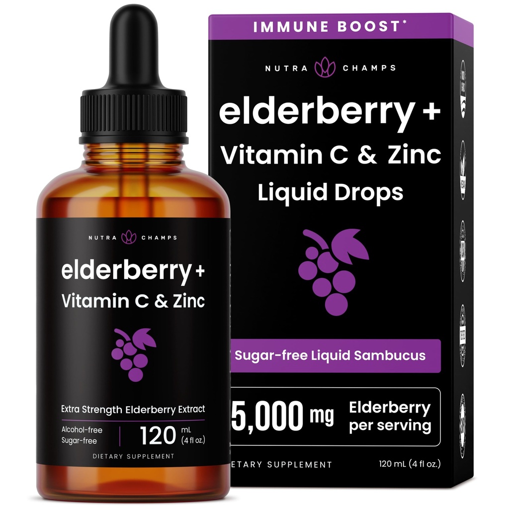 NutraChamps Biologische Vlierbes Siroop - 5000mg Vlierbes Extract met Vitamine C & Zink - Zwarte Vlierbes Liquid Drops - Suikervrije Immunity Booster, Veganistisch, Glutenvrij