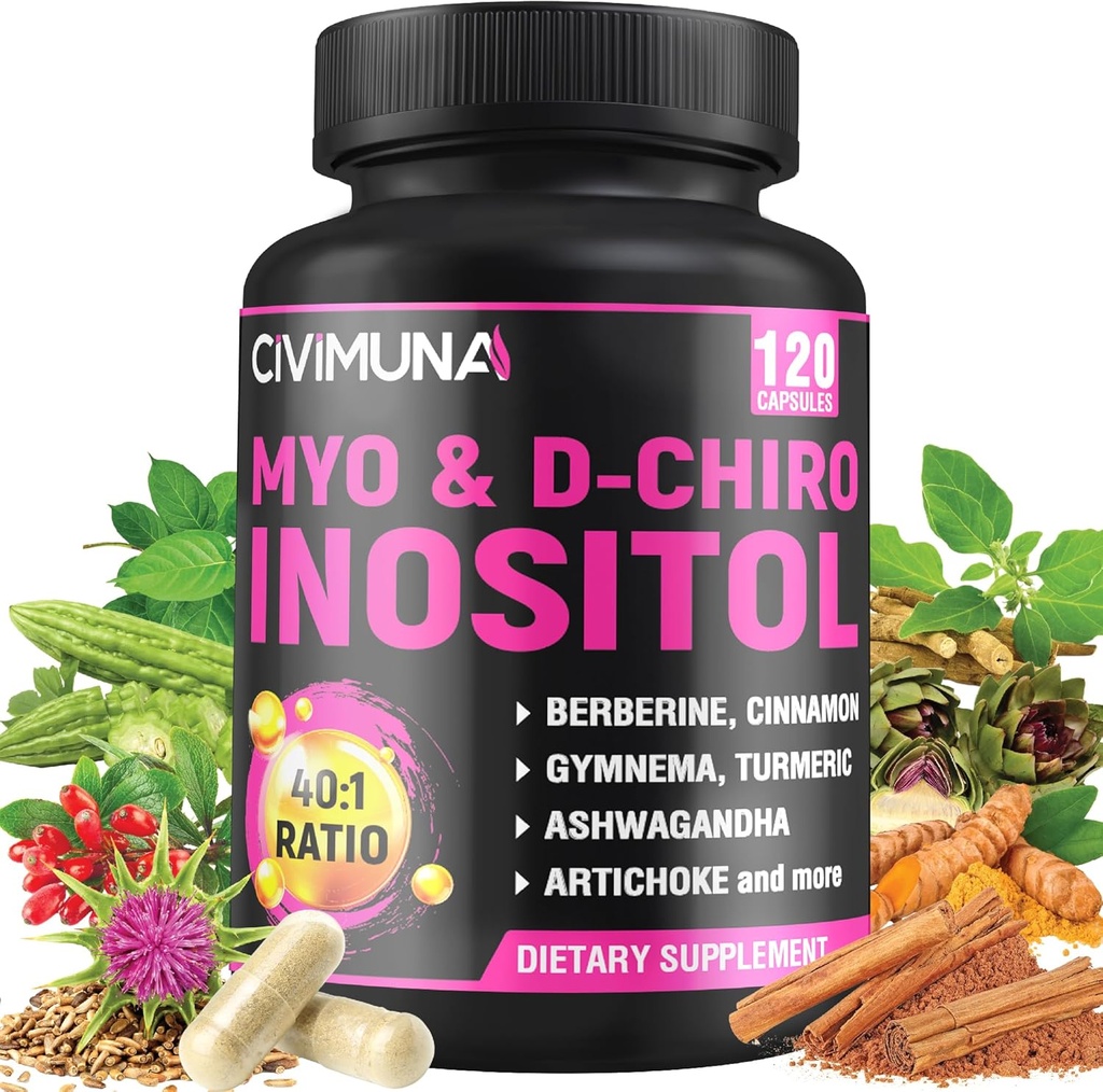 Inositol Supplement - Myo-Inositol en D-Chiro Inositol Plus Ashwagandha, Berberine, Kaneel en 5 Mores - 120 Capsules